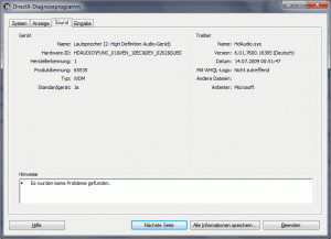 Windows 7 Professional - dxdiag Nvidia High Definition Sound-Gerät